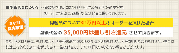 同製品について30万円のオーダーを頂けた場合、型紙代金の35,000円は差し引き還元させて頂きます。